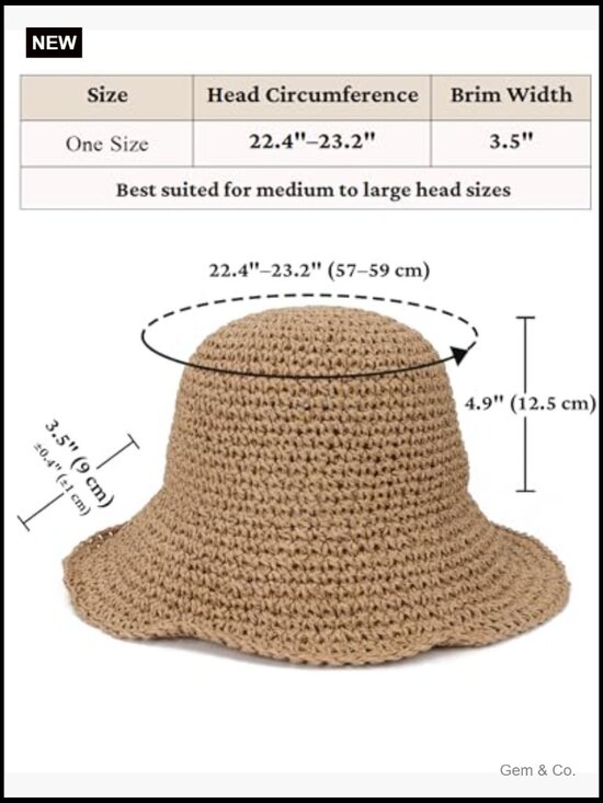 Wide Brim Straw Sun Hat with Shaping Wire, Adjustable, Packable